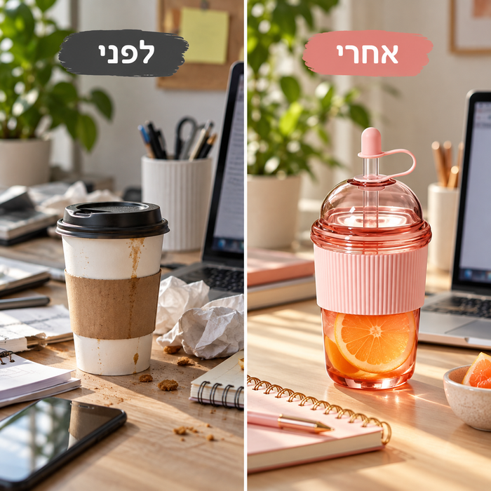 כוס שתייה אישית עם קש ומכסה בסגנון אינסטגרם