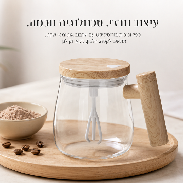 ספל מערבב אוטומטי מעוצב משולב עץ וזכוכית