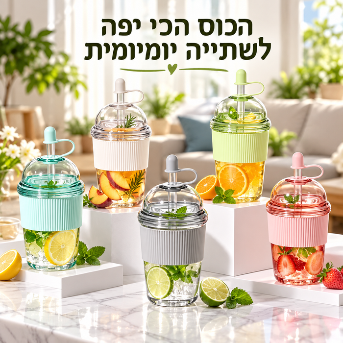 כוס שתייה אישית עם קש ומכסה בסגנון אינסטגרם