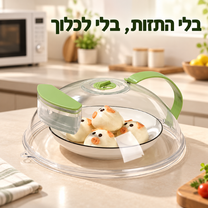 מכסה פלא למיקרוגל עם תא אידוי מים וידית אחיזה