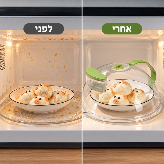מכסה פלא למיקרוגל עם תא אידוי מים וידית אחיזה