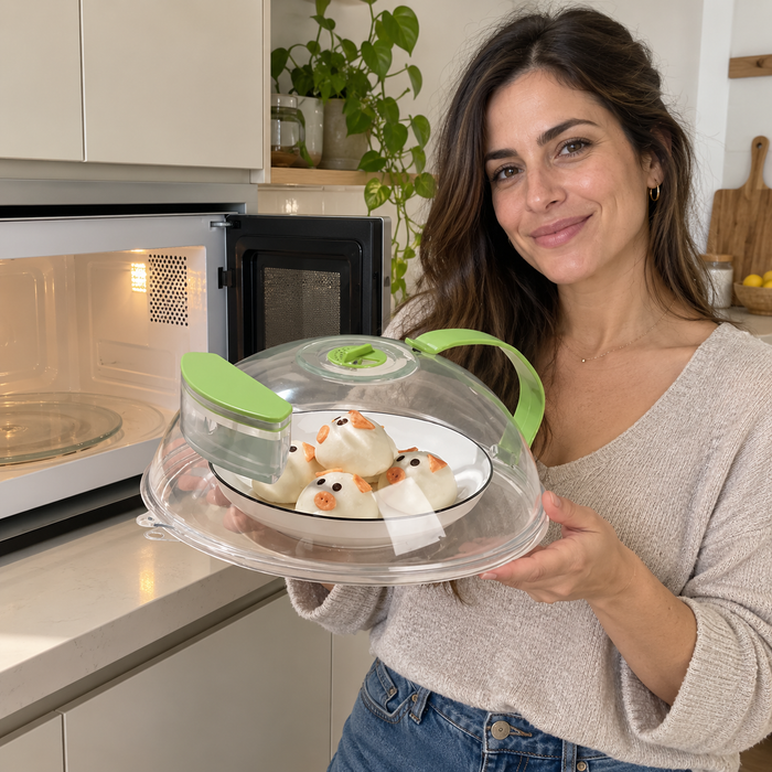 מכסה פלא למיקרוגל עם תא אידוי מים וידית אחיזה