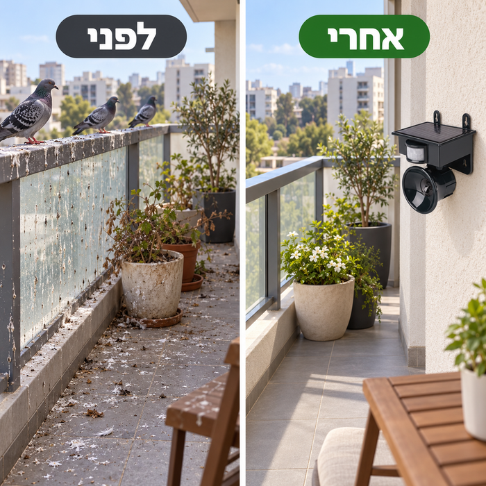 מכשיר פלא סולארי אולטרסוני להרחקת מזיקים, יונים וחתולים